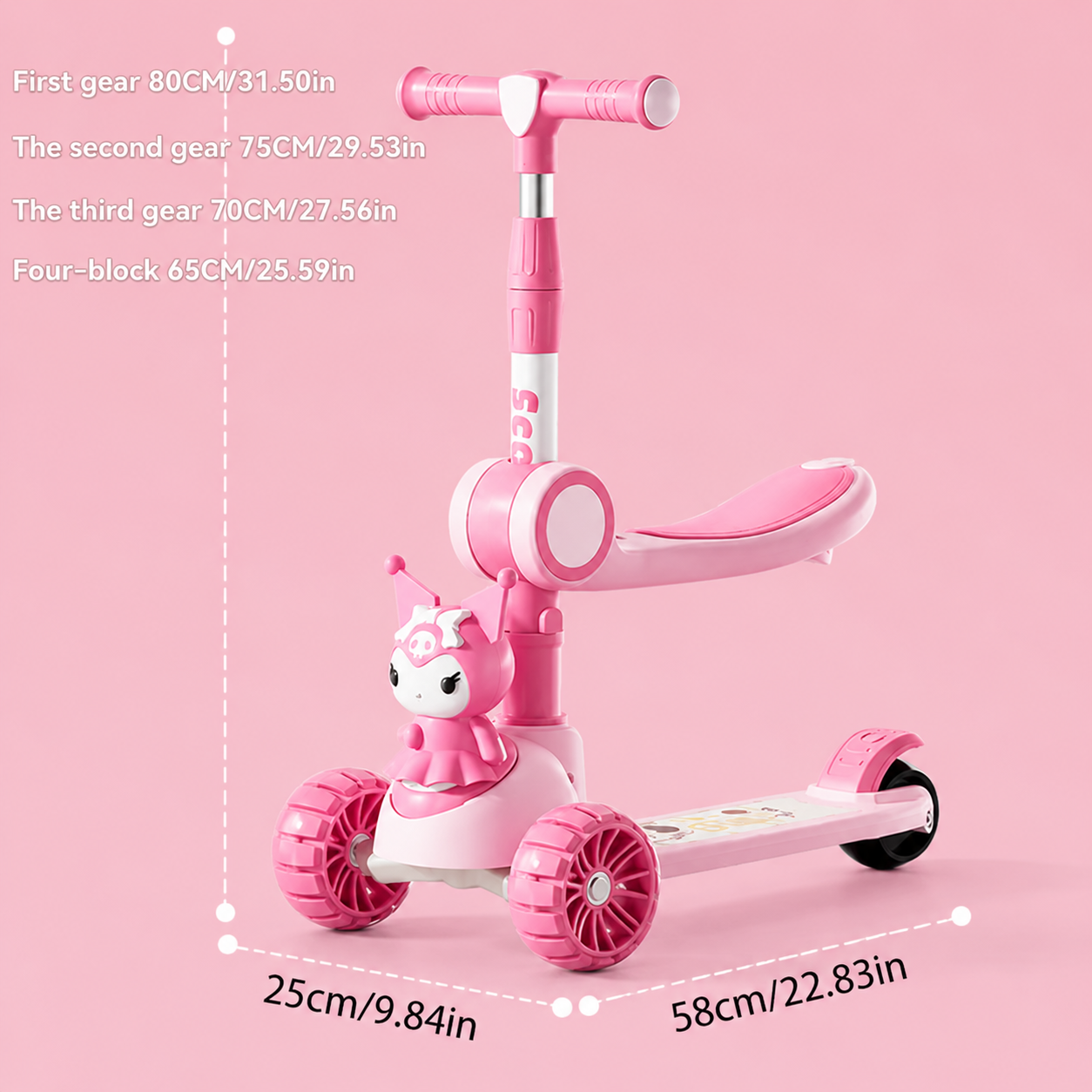Kids 3 Wheel Scooter Adjustable Foldable with Lights & Music - Pink