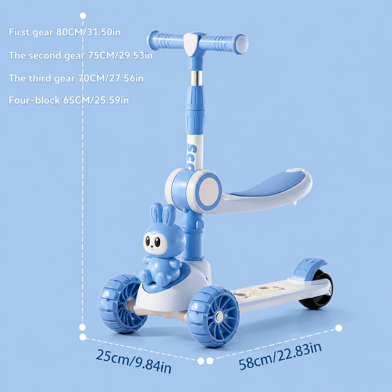 Kids 3 Wheel Scooter Adjustable Foldable with Lights & Music - Blue