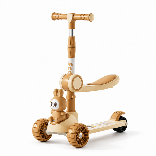 Kids 3 Wheel Scooter Adjustable Foldable with Lights & Music - Brown