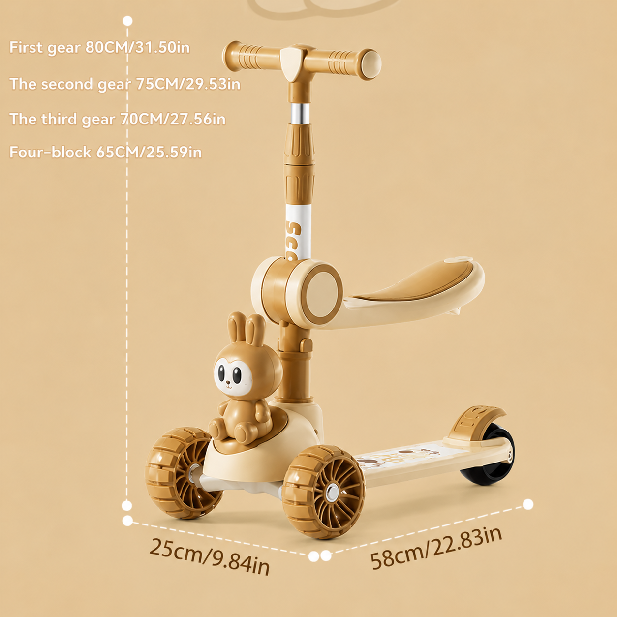 Kids 3 Wheel Scooter Adjustable Foldable with Lights & Music - Brown