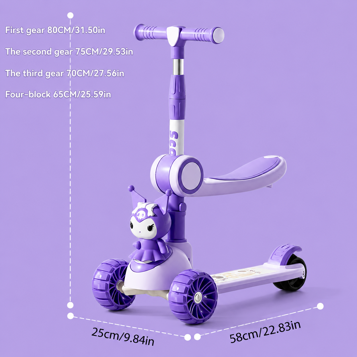Kids 3 Wheel Scooter Adjustable Foldable with Lights & Music - Purple